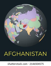 World map centered to Afghanistan. Red country highlighted. Satellite world view centered to country with name. Vector Illustration.
