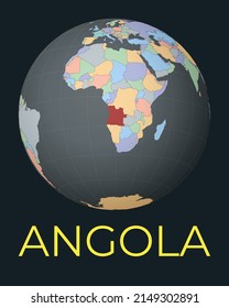 Mapa mundial centrado en Angola. El país rojo resaltó. La visión satelital del mundo se centró en un país con nombre. Ilustración vectorial.