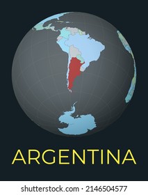 World map centered to Argentina. Red country highlighted. Satellite world view centered to country with name. Vector Illustration.