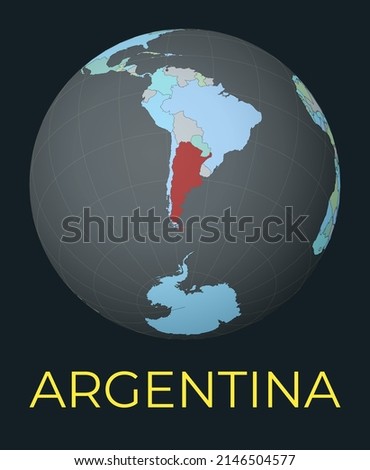 World map centered to Argentina. Red country highlighted. Satellite world view centered to country with name. Vector Illustration.