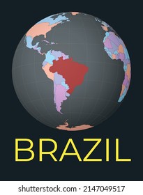 World map centered to Brazil. Red country highlighted. Satellite world view centered to country with name. Vector Illustration.