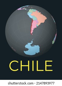 World map centered to Chile. Red country highlighted. Satellite world view centered to country with name. Vector Illustration.