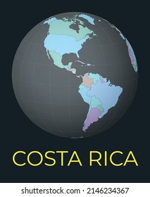 World map centered to Costa Rica. Red country highlighted. Satellite world view centered to country with name. Vector Illustration.