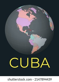 Mapa mundial centrado en Cuba. El país rojo resaltó. La visión satelital del mundo se centró en un país con nombre. Ilustración vectorial.