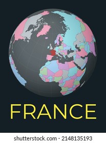 World map centered to France. Red country highlighted. Satellite world view centered to country with name. Vector Illustration.