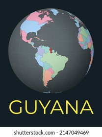 World map centered to Guyana. Red country highlighted. Satellite world view centered to country with name. Vector Illustration.