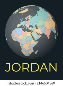Weltkarte im Zentrum Jordaniens. Rotes Land hervorgehoben. Satellite-Weltsicht zentriert auf das Land mit Namen. Vektorgrafik.