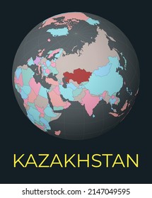 World map centered to Kazakhstan. Red country highlighted. Satellite world view centered to country with name. Vector Illustration.