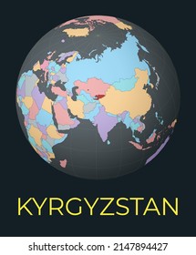 World map centered to Kyrgyzstan. Red country highlighted. Satellite world view centered to country with name. Vector Illustration.