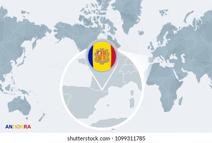 World map centered magnified Andorra. Abstract vector illustration.
