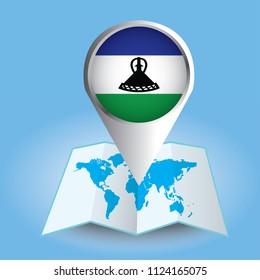 World map centered on Africa with magnified Lesotho. Blue flag and map of Lesotho. Abstract vector illustration.