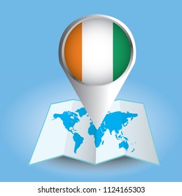World map centered on Africa with magnified Ivory Coast. Blue flag and map of Ivory Coast. Abstract vector illustration.