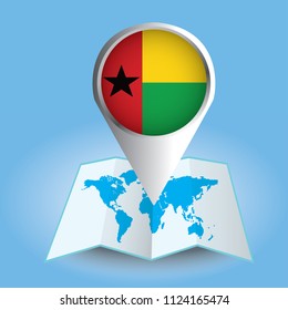 World map centered on Africa with magnified Guin Bissau. Blue flag and map of Guin Bissau. Abstract vector illustration.