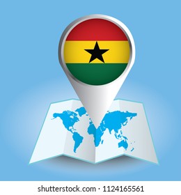 World map centered on Africa with magnified Ghana. Blue flag and map of Ghana. Abstract vector illustration.