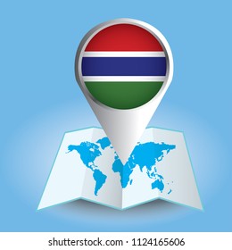 World map centered on Africa with magnified Gambia. Blue flag and map of Gambia. Abstract vector illustration.