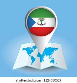 World map centered on Africa with magnified Equatorial Guinea. Blue flag and map of Equatorial Guinea. Abstract vector illustration.