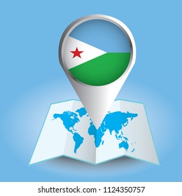 World map centered on Africa with magnified Djibouti. Blue flag and map of Djibouti. Abstract vector illustration.