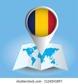 World map centered on Africa with magnified Chad. Blue flag and map of Chad. Abstract vector illustration.