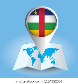 World map centered on Africa with magnified Central African Republic. Blue flag and map of Central African Republic. Abstract vector illustration.