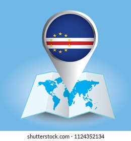 World map centered on Africa with magnified Cape Verde. Blue flag and map of Cape Verde. Abstract vector illustration.