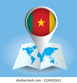 World map centered on Africa with magnified Cameroon. Blue flag and map of Cameroon. Abstract vector illustration.