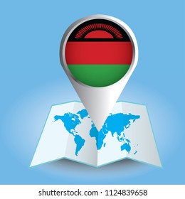 World map centered on Africa with magnified Malawi. Blue flag and map of Malawi. Abstract vector illustration.