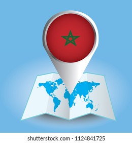 World map centered on Africa with magnified Morocco. Blue flag and map of Morocco. Abstract vector illustration.