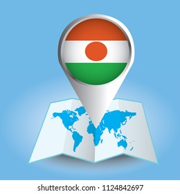 World map centered on Africa with magnified Niger. Blue flag and map of Niger. Abstract vector illustration.