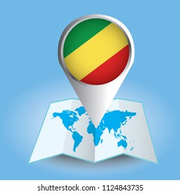 World map centered on Africa with magnified Republic of the Congo. Blue flag and map of Republic of the Congo. Abstract vector illustration.