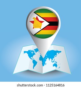 World map centered on Africa with magnified Zimbabwe. Blue flag and map of Zimbabwe. Abstract vector illustration.