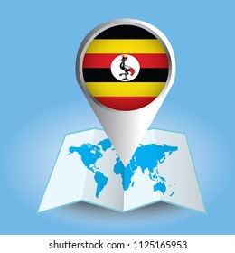 World map centered on Africa with magnified Uganda. Blue flag and map of Uganda. Abstract vector illustration.