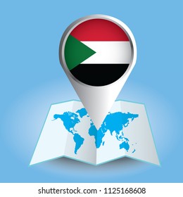 World map centered on Africa with magnified Sudan. Blue flag and map of Sudan. Abstract vector illustration.