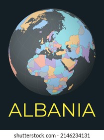 Mapa mundial centrado en Albania. El país rojo resaltó. La visión satelital del mundo se centró en un país con nombre. Ilustración vectorial.