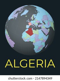 Mapa mundial centrado en Argelia. El país rojo resaltó. La visión satelital del mundo se centró en un país con nombre. Ilustración vectorial.