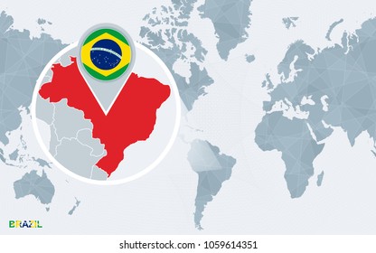 World map centered on America with magnified Brazil. Blue flag and map of Brazil. Abstract vector illustration.