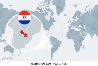 World map centered on America with magnified Paraguay. Blue flag and map of Paraguay. Abstract vector illustration.
