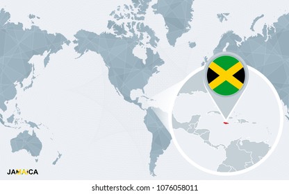 World map centered on America with magnified Jamaica. Blue flag and map of Jamaica. Abstract vector illustration.