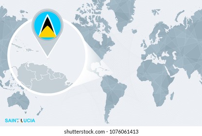 World map centered on America with magnified Saint Lucia. Blue flag and map of Saint Lucia. Abstract vector illustration.