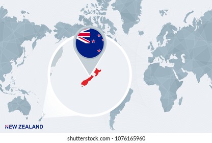 World map centered on America with magnified New Zealand. Blue flag and map of New Zealand. Abstract vector illustration.