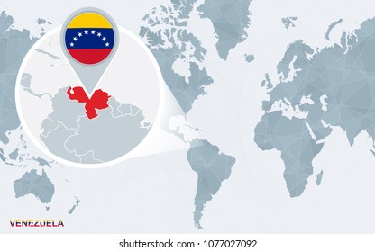 World map centered on America with magnified Venezuela. Blue flag and map of Venezuela. Abstract vector illustration.