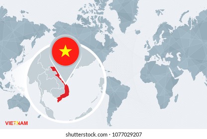 World map centered on America with magnified Vietnam. Blue flag and map of Vietnam. Abstract vector illustration.