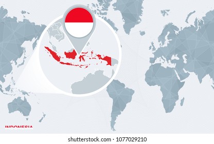 World map centered on America with magnified Indonesia. Blue flag and map of Indonesia. Abstract vector illustration.