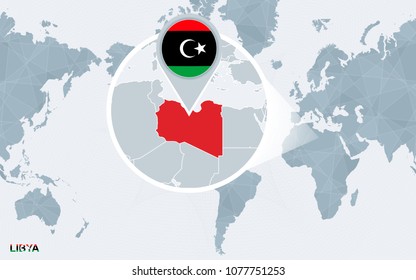 World map centered on America with magnified Libya. Blue flag and map of Libya. Abstract vector illustration.