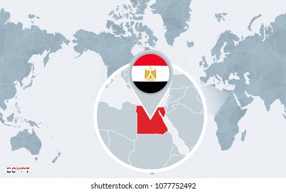 World map centered on America with magnified Egypt. Blue flag and map of Egypt. Abstract vector illustration.