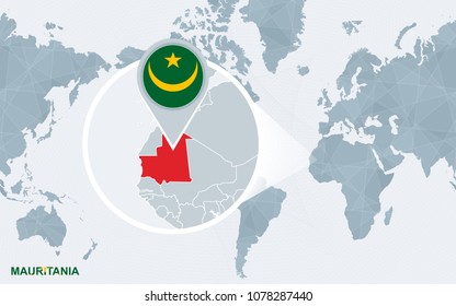 World map centered on America with magnified Mauritania. Blue flag and map of Mauritania. Abstract vector illustration.