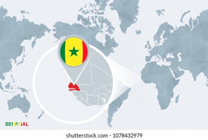 World map centered on America with magnified Senegal. Blue flag and map of Senegal. Abstract vector illustration.