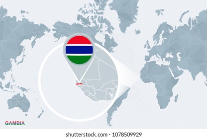 World map centered on America with magnified Gambia. Blue flag and map of Gambia. Abstract vector illustration.