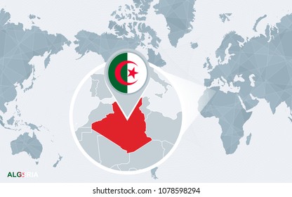 World map centered on America with magnified Algeria. Blue flag and map of Algeria. Abstract vector illustration.
