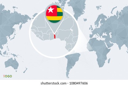 World map centered on America with magnified Togo. Blue flag and map of Togo. Abstract vector illustration.