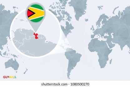 World map centered on America with magnified Guyana. Blue flag and map of Guyana. Abstract vector illustration.